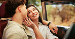 Travel, love and couple in car, talking and vacation with relationship, bonding together and romance. Vehicle, man and woman with conversation, summer holiday and marriage with transport and journey