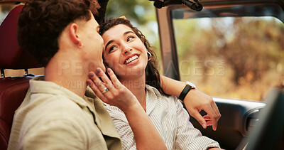 Buy stock photo Travel, love and couple in car, talking and vacation with relationship, bonding together and romance. Vehicle, man and woman with conversation, summer holiday and marriage with transport and journey