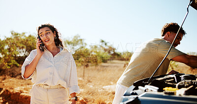 Buy stock photo Woman, talk and phone call with car breakdown for travel crisis, accident and vehicle emergency. Couple, mobile and discussion for mechanic advice, roadside assistance and update for insurance claim