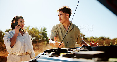 Buy stock photo Couple, talk and phone call with car breakdown for travel crisis, accident and vehicle emergency. People, mobile and discussion for mechanic advice, roadside assistance and update for insurance claim