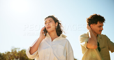 Buy stock photo Phone call, lost and couple in nature on vacation together with connectivity for help outdoor. Cellphone, stress and woman with man on mobile conversation for sos contact on holiday or weekend trip.