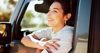 Buy stock photo Happy woman, passenger or relax in car for road trip, adventure or sightseeing journey in nature. Female person, travel and smile with window for transportation, holiday or weekend getaway in vehicle