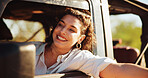 Happy woman, passenger or relax with car window for road trip, adventure or sightseeing journey in nature. Female person, travel or smile with transportation for holiday or weekend getaway in vehicle