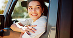 Happy woman, passenger or car with window for road trip, adventure or sightseeing journey in nature. Female person, travel or smile with transportation for stop, holiday or weekend getaway in vehicle