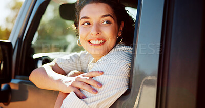 Buy stock photo Happy woman, passenger or car with window for road trip, adventure or sightseeing journey in nature. Female person, travel or smile with transportation for stop, holiday or weekend getaway in vehicle