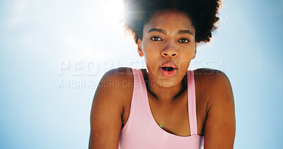 Buy stock photo Breathing, fitness and portrait of black woman on blue sky outdoor for break, fatigue or recovery. Exercise, sweating and tired with athlete or runner resting for below for training or workout