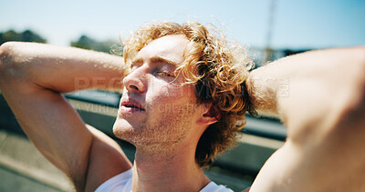 Buy stock photo Man, runner and tired with breathing in city, outdoor and break for training, challenge and workout in summer. Person, exhausted and burnout with rest, exercise and eyes closed on bridge in Germany