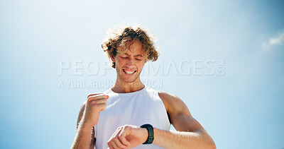 Buy stock photo Smile, outdoor and man with fitness, smart watch and track progress with space, cheering and exercise. Person, runner and athlete with training, check cardio and excited with wellness and challenge