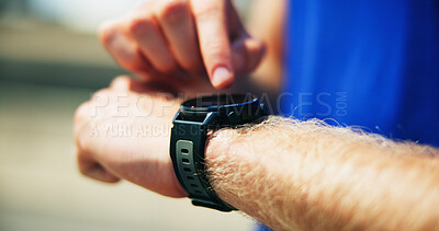 Buy stock photo Hands, outdoor and man with fitness, smart watch and track progress with exercise, break and challenge. Person, runner or athlete with training, check cardio or wellness with closeup or monitor heart