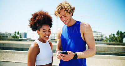 Buy stock photo Runners, fitness or friends on road with phone for checking workout progress, tracking exercise or wellness. People, smile or athlete on mobile app in city for online running route, map or navigation