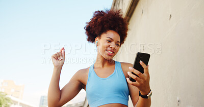 Buy stock photo Fitness, dancing and girl on break in city for running, outdoor workout or training motivation. Playlist, earphones and happy runner with music for sports routine, exercise or wellness for health