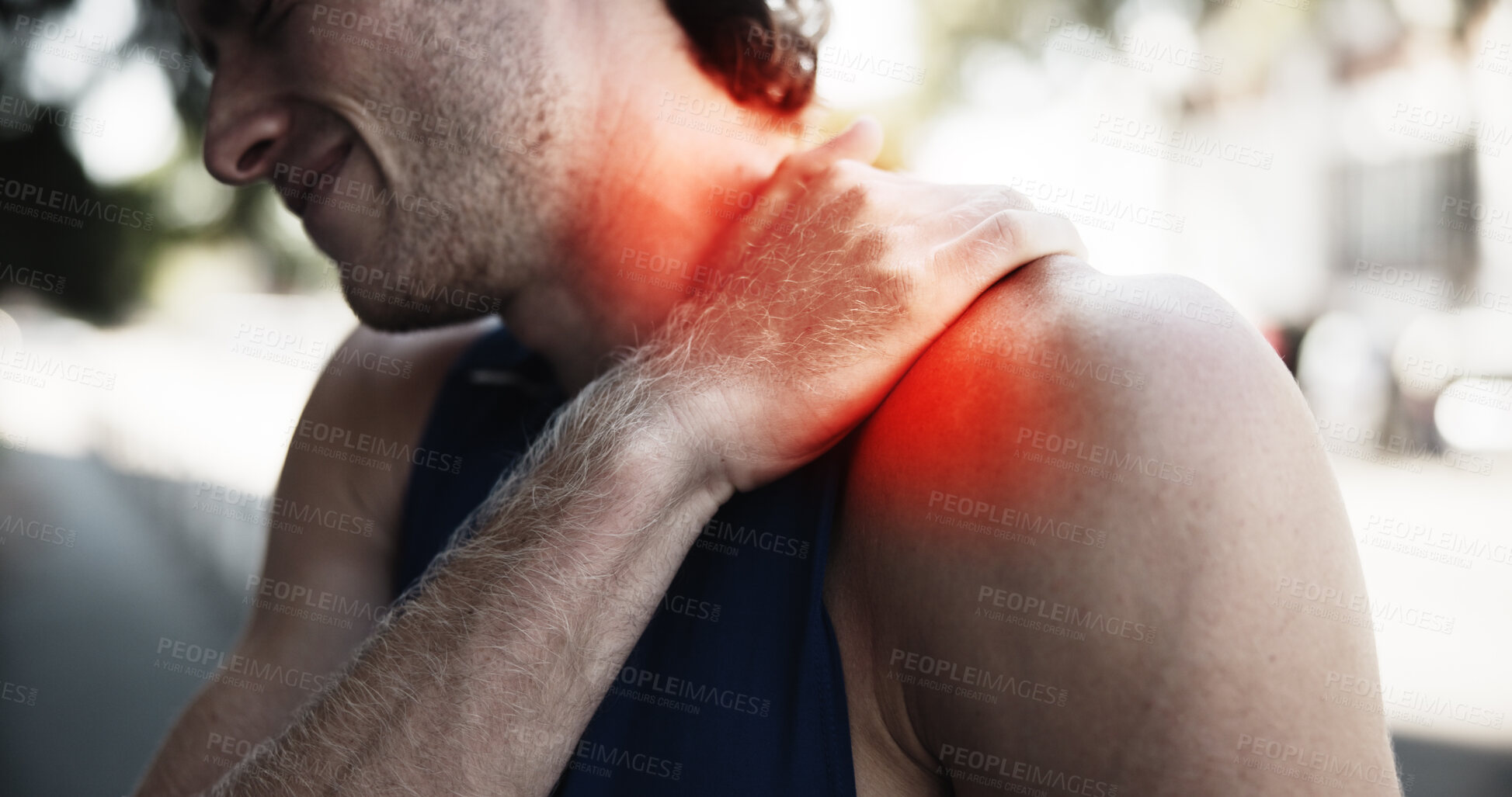 Buy stock photo Man, shoulder pain or exercise overlay in city, muscle cramps or tension with fitness mistake. Fibromyalgia, discomfort and athlete with tendon tear, sport fracture or red inflammation glow outdoor