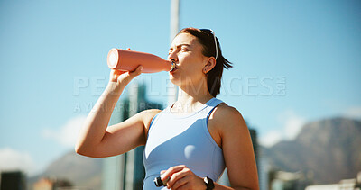 Buy stock photo Fitness, sports and woman drinking water in city on break, relax or exercise recovery. Workout, hydration bottle and thirsty athlete outdoor for wellness, body health and electrolytes for nutrition