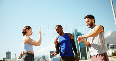 Buy stock photo Fitness, people and high five in city for finished, team achievement and check time. Personal trainer, man and woman at outdoor space with hand gesture, training goal and smart watch timer in session
