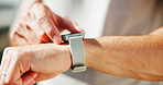 Person, hands and fitness with smart watch for workout app, exercise or tracking performance. Closeup, active or runner with wristwatch or strap for monitoring heart rate, step counter or calories