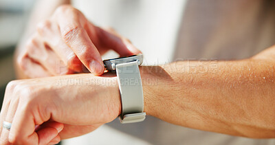 Buy stock photo Person, hands and fitness with smart watch for workout app, exercise or tracking performance. Closeup, active or runner with wristwatch or strap for monitoring heart rate, step counter or calories