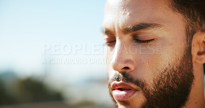 Buy stock photo Breathing, runner or man on break in city for fitness space, marathon training or exercise health. Mockup, focus or face of calm athlete in urban town for workout performance, outdoor jog or sports