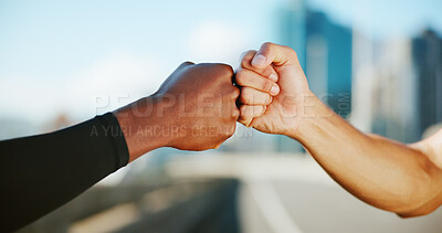 Buy stock photo Fitness, people and hands in city for fist bump, team support and wellness goal. Solidarity, man and friends outdoor with hand gesture, motivation and personal trainer in session with commitment