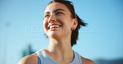 Buy stock photo Break, runner or happy woman in city thinking of fitness, marathon training and exercise health. Low angle, ideas or athlete in urban town for workout performance, outdoor jog or sports challenge