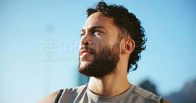 Buy stock photo Break, runner or man in city thinking of fitness, marathon training or exercise health. Low angle, ideas or athlete in urban town for workout performance, outdoor jog or sports challenge in France