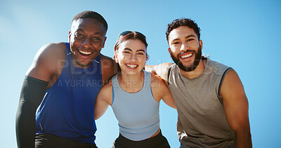 Buy stock photo Fitness, portrait and team with routine, outdoor and wellness with personal trainer in morning and break. Blue sky, hug and people with muscle in city, healthy and friends with sportswear in Canada