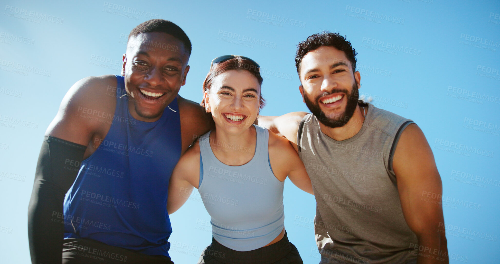 Buy stock photo Fitness, portrait and team with routine, outdoor and wellness with personal trainer in morning and break. Blue sky, hug and people with muscle in city, healthy and friends with sportswear in Canada