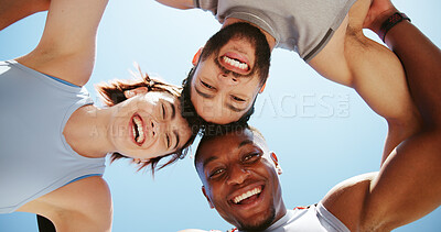 Buy stock photo Happy people, portrait and fitness below with huddle or blue sky for workout, exercise or training together. Low angle, active group or friends with smile in circle for unity, teamwork or motivation