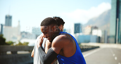 Buy stock photo Fitness, smile and men with hug, outdoor and wellness with personal trainer in morning, friends and break. Happy, routine and people with muscle in city, healthy and team with sportswear for exercise