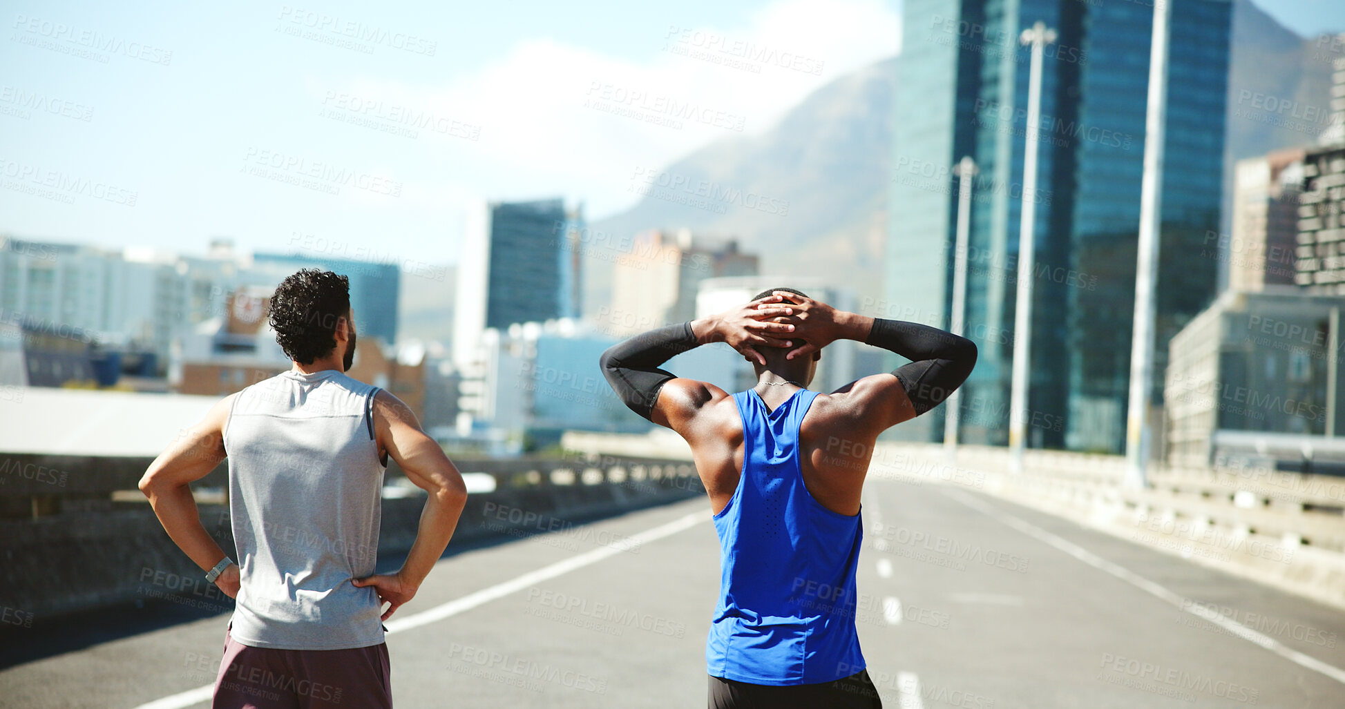 Buy stock photo Back, break and fitness with men on street in city for cardio training, marathon or running routine. Exercise, rest and recovery with athlete or runner friends outdoor on bridge in urban town