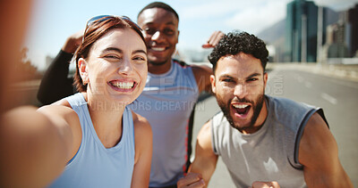 Buy stock photo Happy people, portrait and fitness with selfie in city for photography, picture POV or workout celebration. Active group, friends or winning with smile for victory, achievement or memory in town