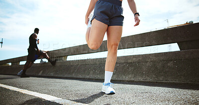 Buy stock photo People, legs and stretching with road in city for workout preparation, exercise or outdoor training. Active person, runner or getting ready with warm up on bridge for sprint, race or marathon in town