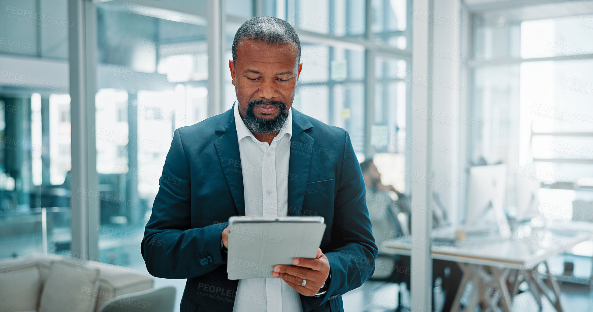 Buy stock photo Office, businessman and reading with tablet for financial advisor, corporate website and investment. Career, mature person and finance consultant with digital for risk management, report and research