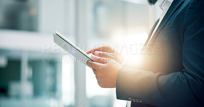 Buy stock photo Closeup, person and hands with tablet for research, corporate growth and financial advisor. Flare, businessman and finance consultant with tech for risk management, investment and report in office