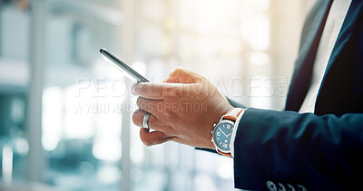 Buy stock photo Cellphone, hands and businessman in office for communication, contact or networking online for career. Phone, closeup and male financial manager with email for investment, profit or finance report.