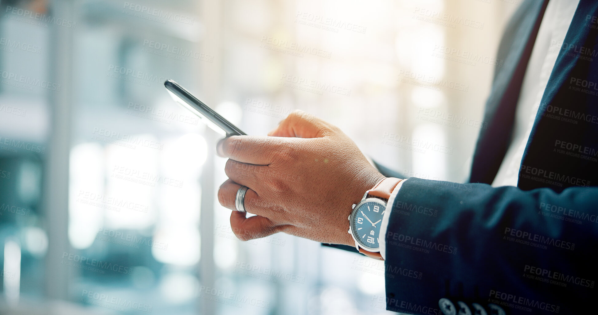 Buy stock photo Cellphone, hands and businessman in office for communication, contact or networking online for career. Phone, closeup and male financial manager with email for investment, profit or finance report.
