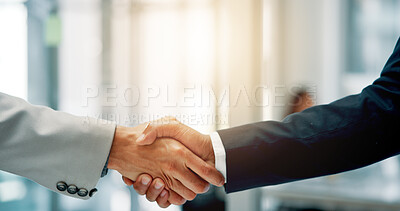 Buy stock photo Handshake, agreement and business men in office with partnership, contract or merger. Meeting, thank you and finance manager shaking hands with investor for investment opportunity or negotiation.