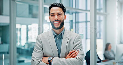 Buy stock photo Portrait, happy and man with arms crossed, office and confident for job promotion, corporate or auditor. Business, accountant and person with ambition for opportunity, employee and smile in New York