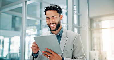 Buy stock photo Business, smile and man in office, tablet and corporate professional with digital app for investment. Happy person, employee or investor with tech, connection or internet with email or stock exchange