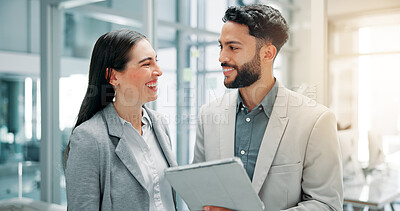 Buy stock photo Business, smile and people in office, tablet and corporate professional with digital app for trading. Internet, employees and investor with teamwork, tech and support with email and stock exchange