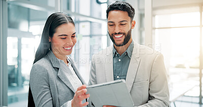 Buy stock photo Business people, smile and teamwork in office, tablet or corporate professional with app for trading. Stock exchange, employees or investor with cooperation, tech or internet with email or connection
