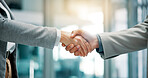 Handshake, deal and business people in office with partnership, contract or merger. Collaboration, thank you and finance manager shaking hands with investor for investment opportunity or negotiation.