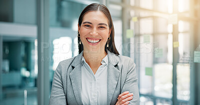 Buy stock photo Portrait, employee and woman with smile, office and confident for job promotion, corporate and auditor. Business, accountant and person with happiness for opportunity, company or ambition in New York