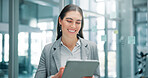 Business, smile and woman in office, tablet and corporate professional with digital app for trading. Happy person, employee and investor in workplace, tech and internet with email and stock exchange