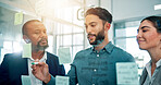 Planning, ideas and business people at glass with collaboration, sticky note and brainstorming in office. Strategy, problem solving and teamwork with moodboard for growth, development and discussion