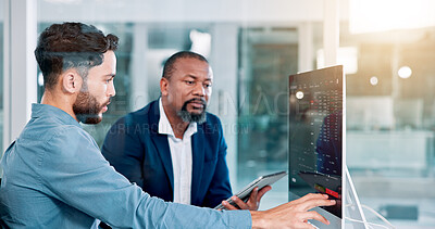 Buy stock photo Men, trading and computer screen with tablet, talking and review at office with partner for stats. People, graphs and fintech app for feedback with profit, revenue and monitor at investing agency