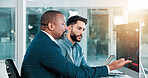 Men, trading and computer screen with tablet, discussion and review at office with partner for stats. People, graphs and fintech app for feedback with profit, revenue and monitor at investing agency