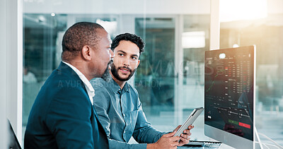 Buy stock photo Men, trading and computer screen with tablet, talking and finance with partner for stats at office. People, graphs and fintech app for feedback with profit, revenue and monitor at investing agency
