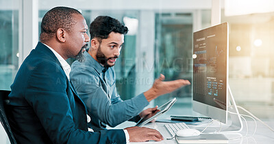 Buy stock photo Man, trading and team with tablet, monitor and talk with review for statistics at office. People, graphs and fintech app for feedback profit, revenue and point at pc screen for data at finance agency