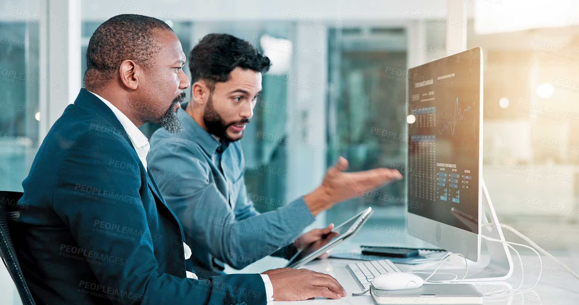 Buy stock photo Man, trading and team with tablet, monitor and talk with review for statistics at office. People, graphs and fintech app for feedback profit, revenue and point at pc screen for data at finance agency