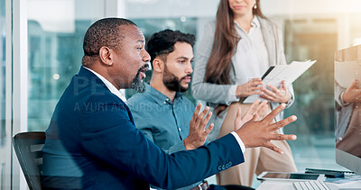 Buy stock photo Business, people and serious with computer in meeting for finance forecasting, investment update or sales feedback. Financial analyst, man or talking to team in office with economic trends projection